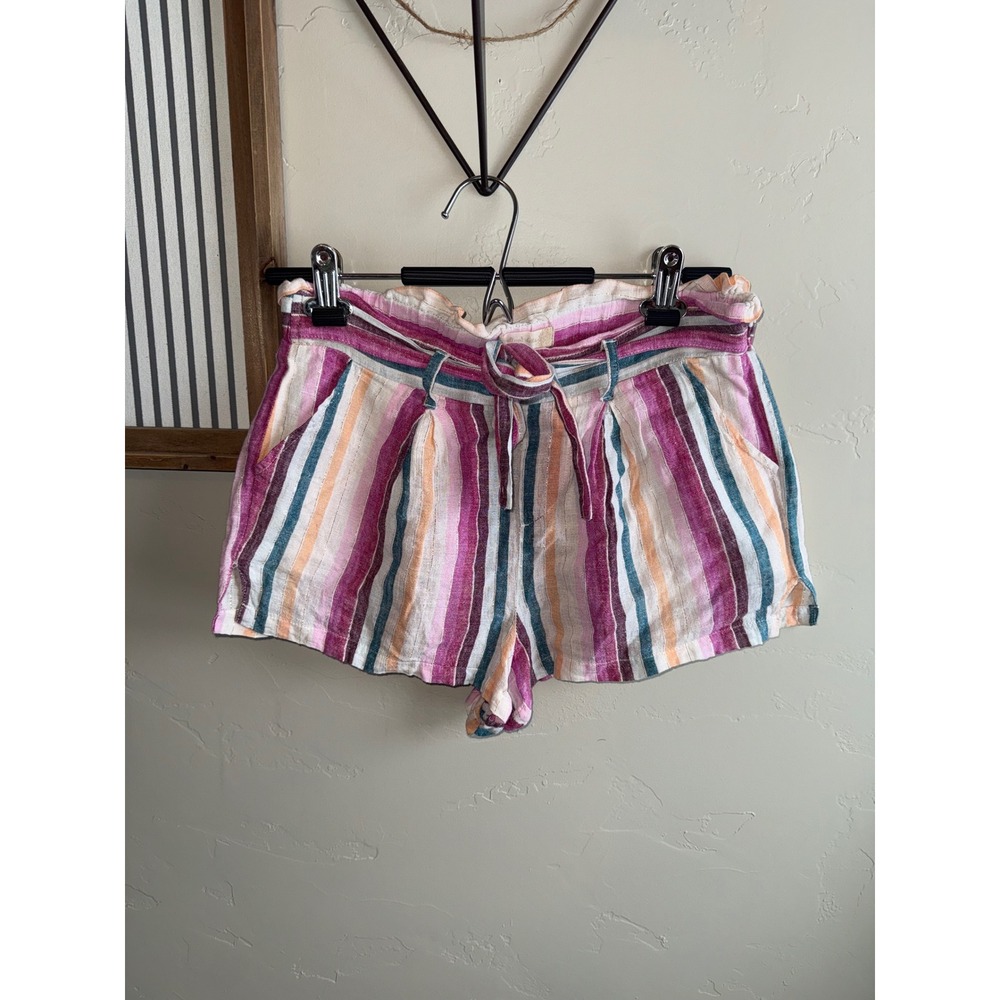 Altar'd State Multi Color Striped Paperbag Waist Linen Blend Shorts Medium